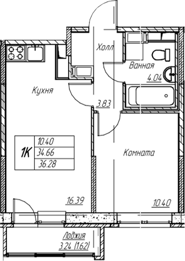 1-комнатная квартира 36.28 м², 13/22 эт., ЖК «Парк-квартал Юнтолово»